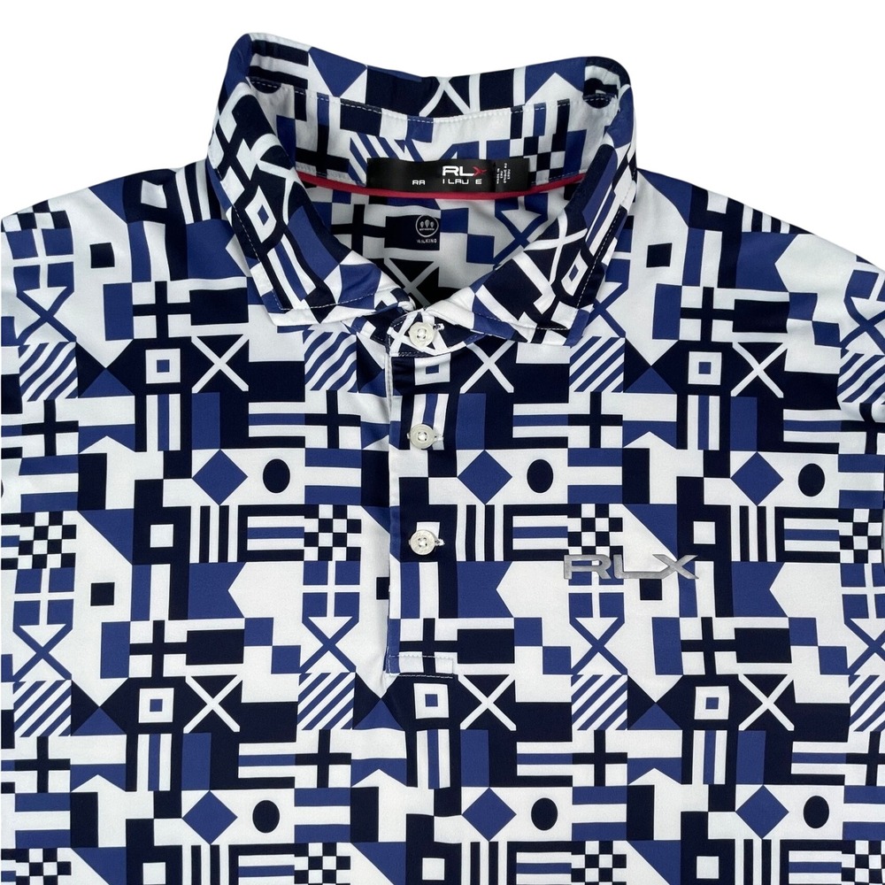 RLX Ralph Lauren Polo Men L Blue Nautical Flag Golf Shirt Wicking Geometric